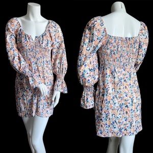 Avantlook Floral Mini Long Sleeve Dress Boho Coquette Milkmaid Fairy Vacation S